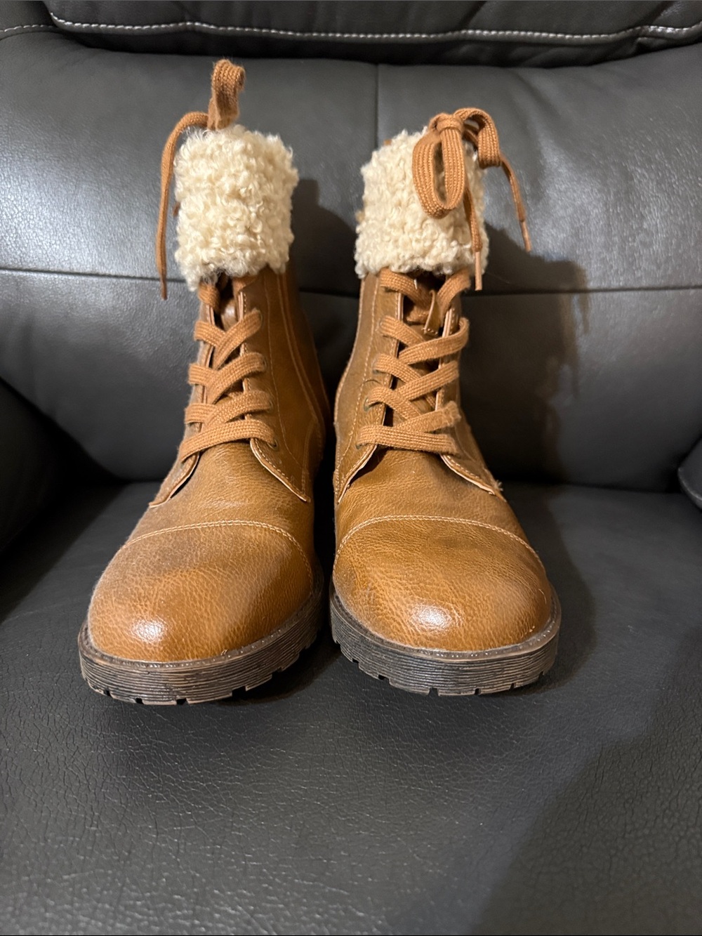 Serra Tan Lace-Up Faux Shearling Collar Boots
